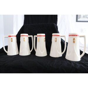 Vintage Set Of Five 1965 Budweiser Beer Mugs White Red Gold Pottery